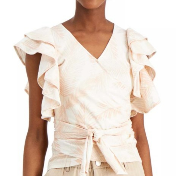 INC by Macy's | Summer Palm Flutter-Sleeve Wrap Top - Picture 2 of 4
